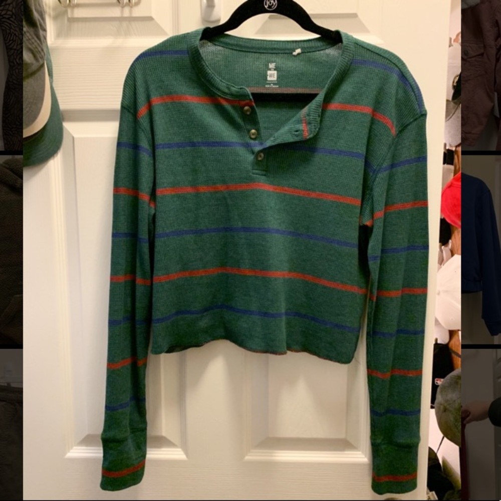 Green Cropped Waffle Long Sleeve Henley